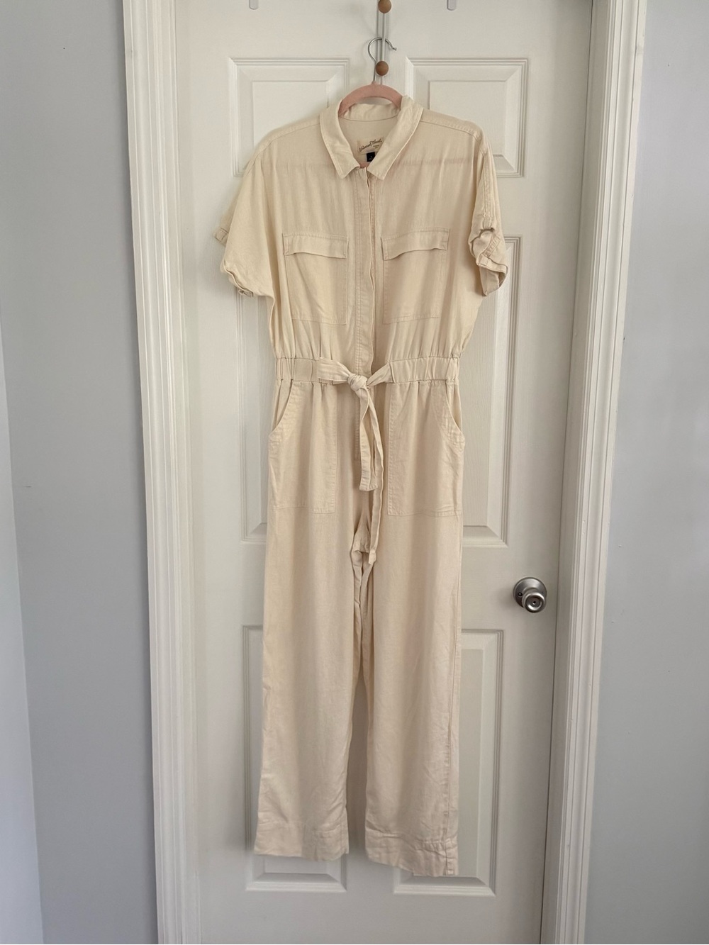Universal Thread Cream Linen Blend Utility Jumpsuit with Tie Waist- 6